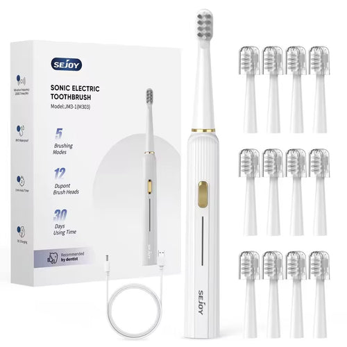OralCure Sejoy electric toothbrush front view white 20,500 vibrations OralCure brush charging with USB cable