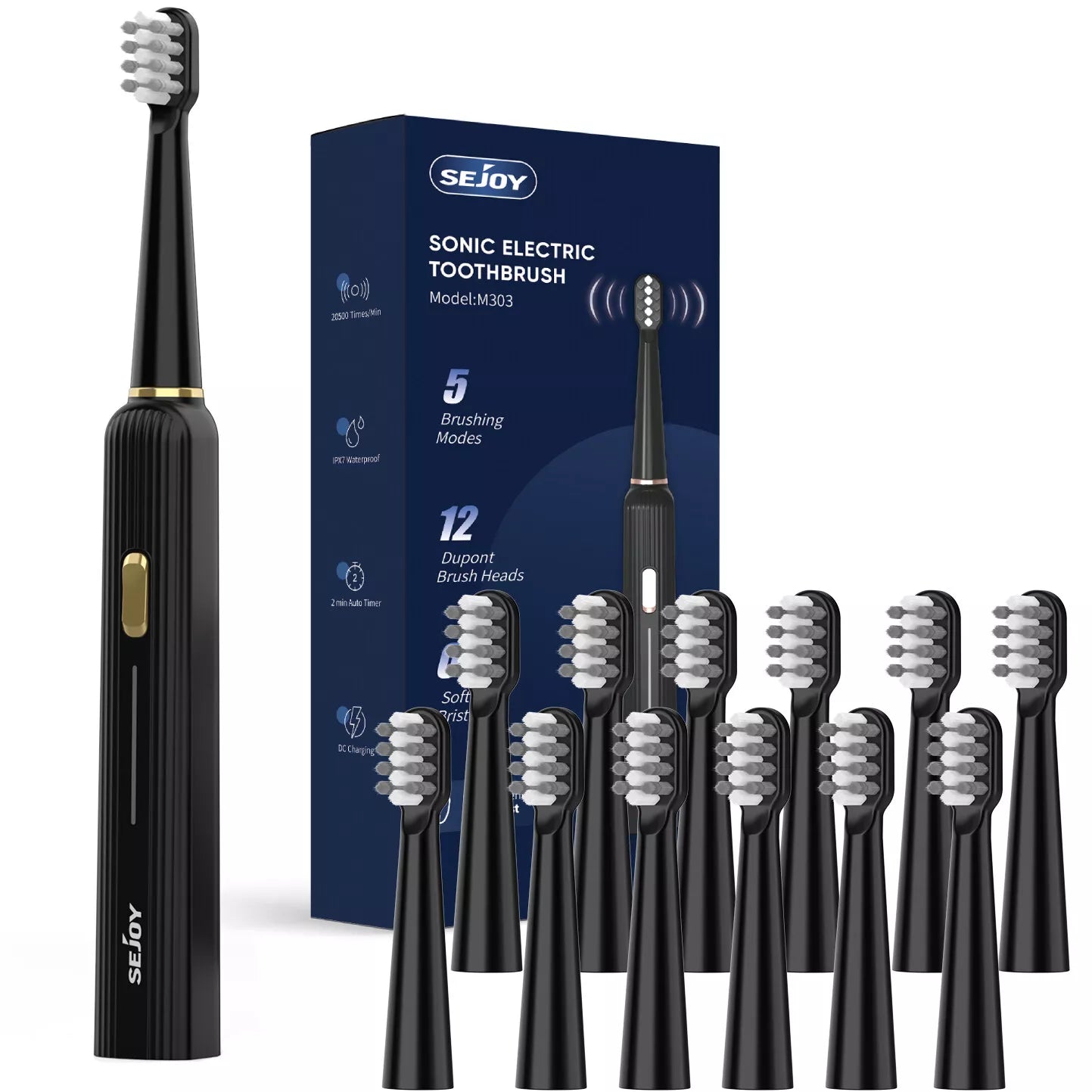 Electric Toothbrush Rechargeable With 12 Brush Heads 5 Modes Timer
